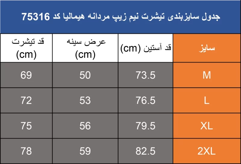 جدول سایزبندی لباس