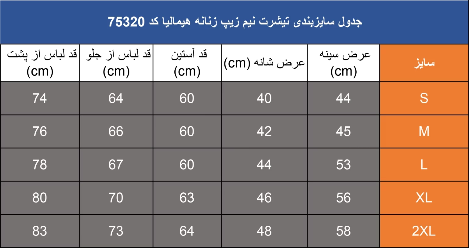 جدول سایزبندی لباس