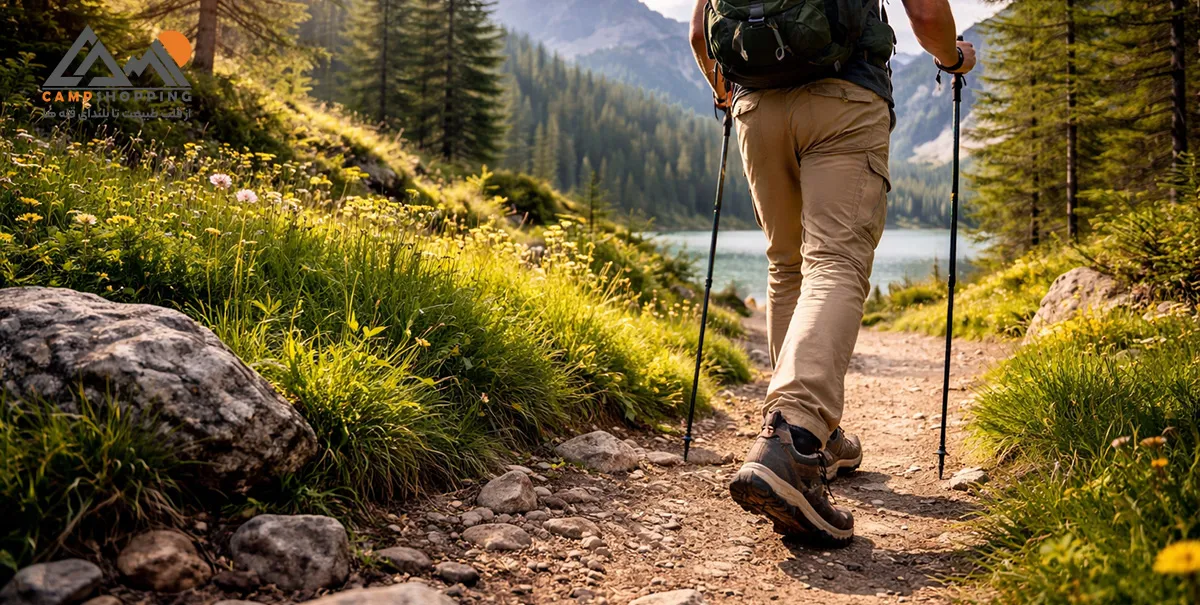 مردی با کفش ترکینگ در حال طبیعت گردی